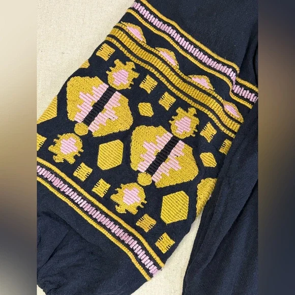 D105 Free People Navy Oversized Dress with Yellow Gold Embroidery - Full Sleeves - Picture 4 of 8